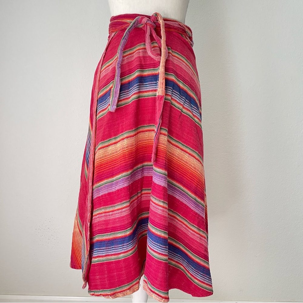 VINTAGE SARAPE COTTON WRAP SKIRT RAINBOW MULTICOLOR STRIPED MIDI - Picture 8 of 13
